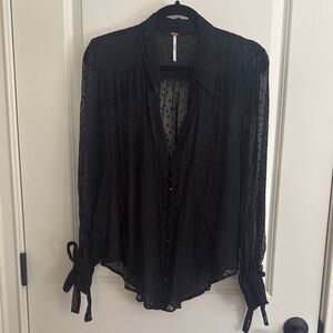 Free People Chic Black Sheer Button Down Blouse with Polka Dots - size Medium